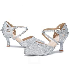 ALB Sparkling Glitter Ballroom Dance Shoes - Silver - US 8.5 - 2.1" Cuban Heel